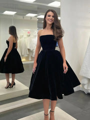 Knee Length Simple Velvet Strapless Prom Dress