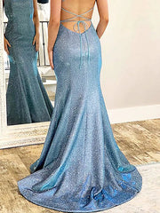 Mermaid / Trumpet Prom Dresses Open Back Dress Formal Sweep / Brush Train Sleeveless Strapless Satin Backless with Glitter