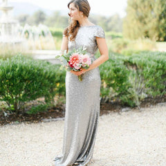 Silver Sequins Long Bridesmaid Dresses Ruffles Back Wedding Party Dress