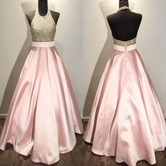 Sparkly Sequins Beaded Halter Long Satin Prom Dresses