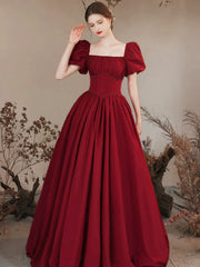 Burgundy Satin Puffy Sleeve Lace Up Prom Dress