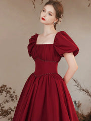 Burgundy Satin Puffy Sleeve Lace Up Prom Dress