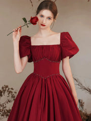 Burgundy Satin Puffy Sleeve Lace Up Prom Dress
