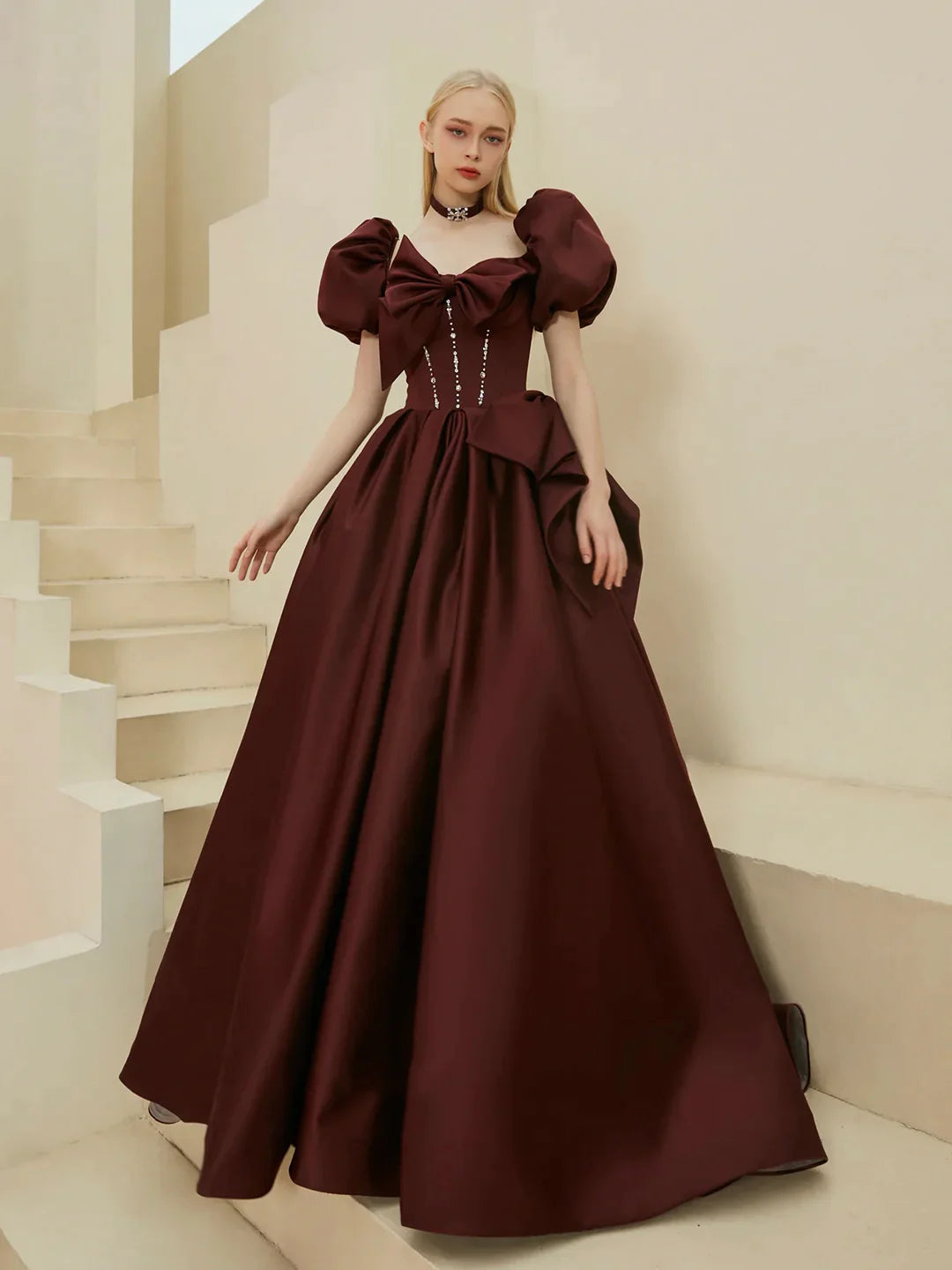 Satin Puffy Sleeve Ball Gown Bow Beading Prom Dress