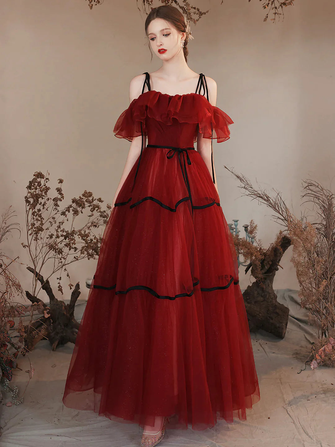Long Spaghetti Straps Burgundy Tulle Prom Dress