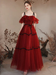 Long Spaghetti Straps Burgundy Tulle Prom Dress