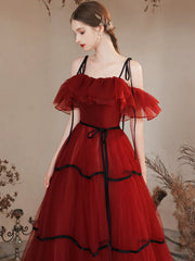 Long Spaghetti Straps Burgundy Tulle Prom Dress