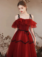 Long Spaghetti Straps Burgundy Tulle Prom Dress