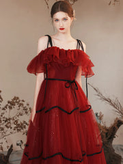 Long Spaghetti Straps Burgundy Tulle Prom Dress