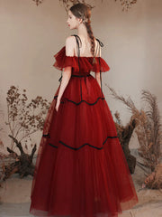 Long Spaghetti Straps Burgundy Tulle Prom Dress