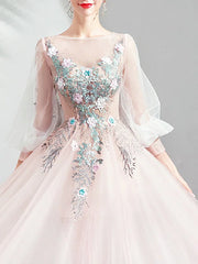 Long Sleeve Tulle Floral A Line Prom Dress