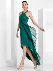 A-Line Elegant Dress Wedding Guest Asymmetrical Sleeveless Halter Chiffon Backless with Pleats Beading