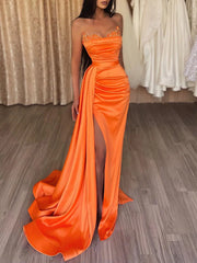 Gold Satin Beading Sweetheart Mermaid Prom Dress With Split