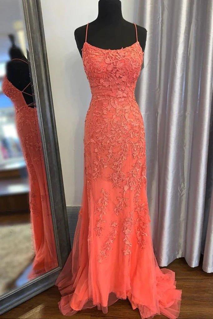 Mermaid Backless Orange Lace Long Prom Dress, Mermaid Orange Lace Formal Dress, Orange Lace Evening Dress - RongMoon