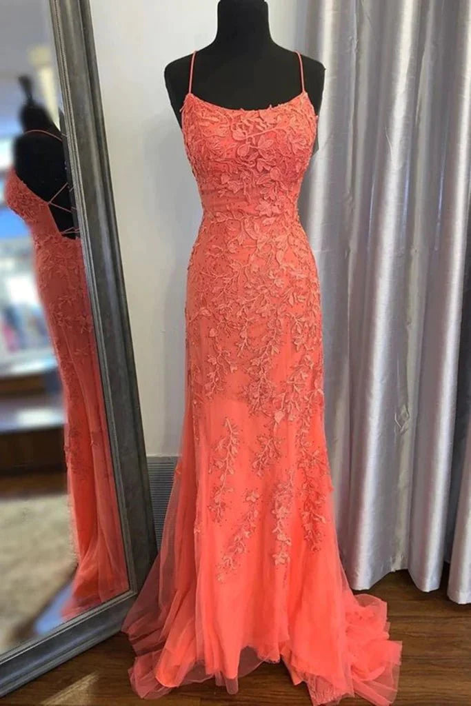 Mermaid Backless Orange Lace Long Prom Dress, Mermaid Orange Lace Formal Dress, Orange Lace Evening Dress - RongMoon