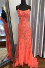 Mermaid Backless Orange Lace Long Prom Dress, Mermaid Orange Lace Formal Dress, Orange Lace Evening Dress - RongMoon