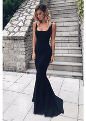 Mermaid Black Satin Square Prom Dresses - RongMoon