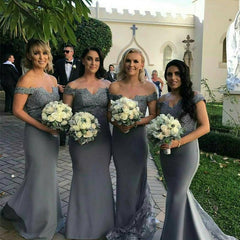 Silver Lace V-neck Off The Shoulder Mermaid Bridesmaid Dresses