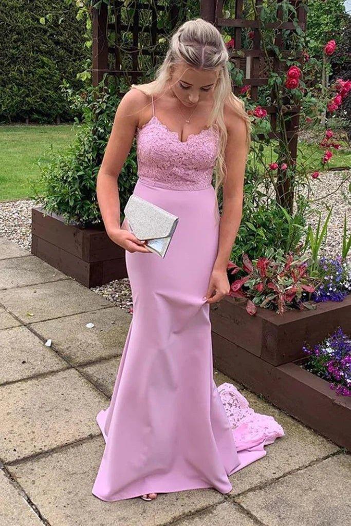 Mermaid Lavender Lace Long Prom Dress with Train, Lavender Lace Formal Dress, Lavender Bridesmaid Dress - RongMoon