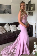 Mermaid Lavender Lace Long Prom Dress with Train, Lavender Lace Formal Dress, Lavender Bridesmaid Dress - RongMoon