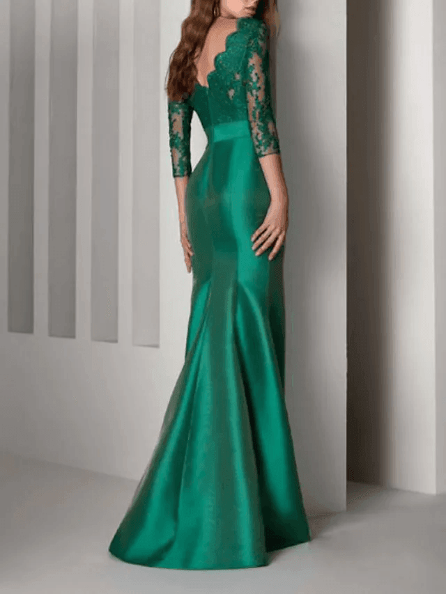Mermaid / Trumpet Beautiful Back Elegant Engagement Formal Evening Dress Scalloped Neckline 3/4 Length Sleeve Floor Length Lace Satin with Sash / Ribbon Embroidery - RongMoon