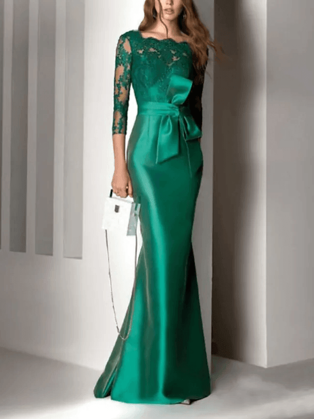 Mermaid / Trumpet Beautiful Back Elegant Engagement Formal Evening Dress Scalloped Neckline 3/4 Length Sleeve Floor Length Lace Satin with Sash / Ribbon Embroidery - RongMoon