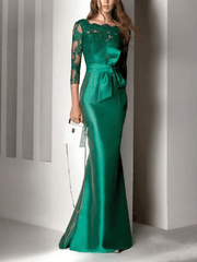 Mermaid / Trumpet Beautiful Back Elegant Engagement Formal Evening Dress Scalloped Neckline 3/4 Length Sleeve Floor Length Lace Satin with Sash / Ribbon Embroidery - RongMoon