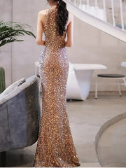 Mermaid / Trumpet Bridesmaid Dress Halter Neck Sleeveless Sparkle & Shine Floor Length Sequined with Sequin - RongMoon