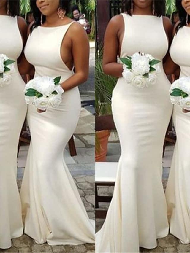 Mermaid / Trumpet Bridesmaid Dress Jewel Neck Sleeveless Sexy Floor Length Stretch Fabric with Solid Color - RongMoon