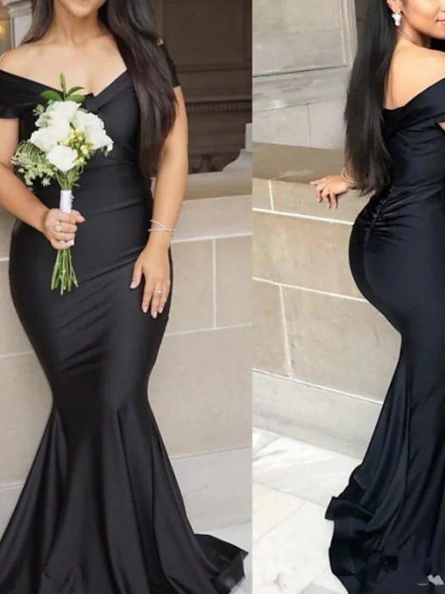 Mermaid / Trumpet Bridesmaid Dress Off Shoulder Short Sleeve Elegant Sweep / Brush Train Spandex with Pleats / Solid Color - RongMoon