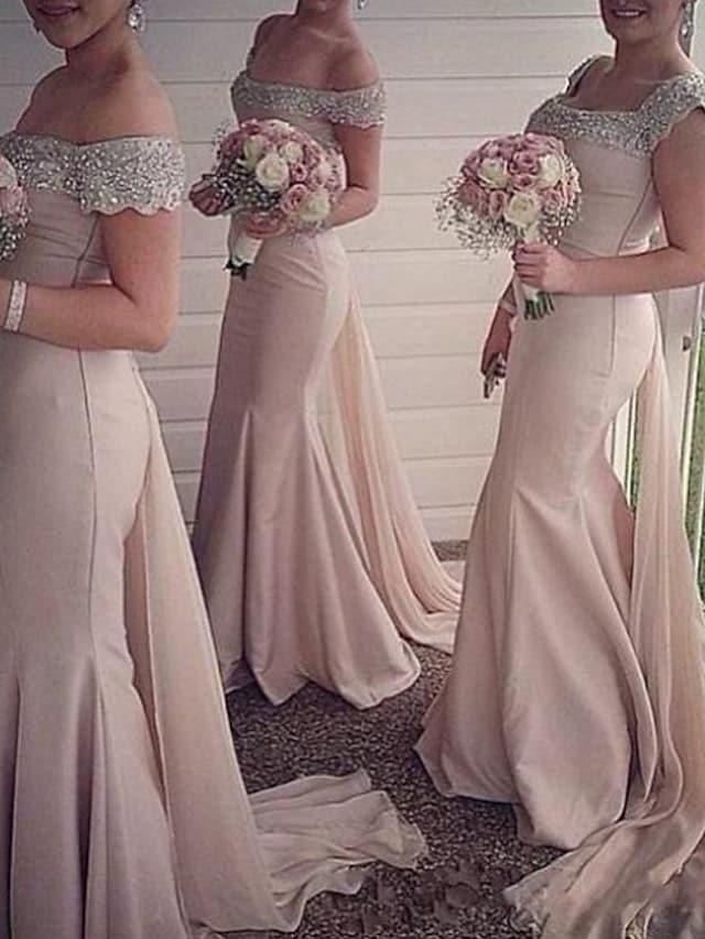 Mermaid / Trumpet Bridesmaid Dress Off Shoulder Short Sleeve Elegant Sweep / Brush Train Stretch Chiffon with Crystals / Draping - RongMoon