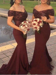 Mermaid / Trumpet Bridesmaid Dress Off Shoulder Short Sleeve Elegant Sweep / Brush Train Stretch Chiffon with Sequin / Solid Color - RongMoon
