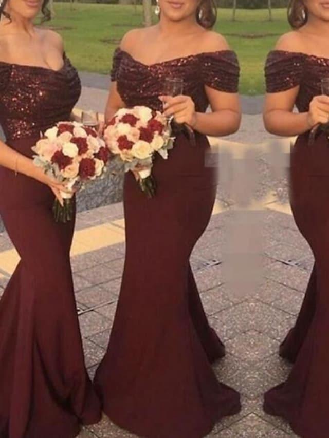 Mermaid / Trumpet Bridesmaid Dress Off Shoulder Short Sleeve Elegant Sweep / Brush Train Stretch Chiffon with Sequin / Solid Color - RongMoon
