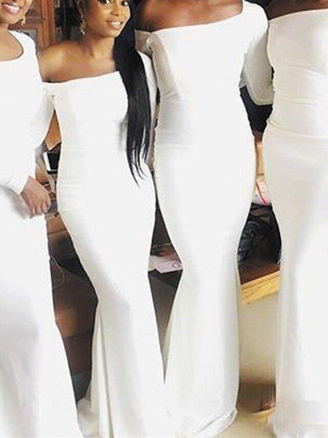 Mermaid / Trumpet Bridesmaid Dress One Shoulder Long Sleeve Elegant Sweep / Brush Train Stretch Chiffon with Solid Color - RongMoon