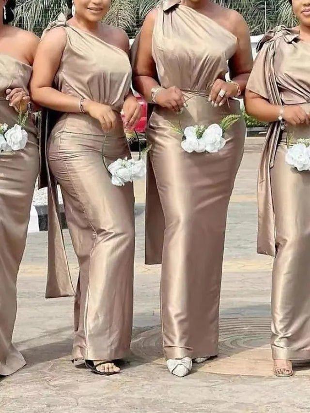 Mermaid / Trumpet Bridesmaid Dress One Shoulder Sleeveless Elegant Floor Length Charmeuse with Bow(s) / Draping - RongMoon