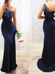 Mermaid / Trumpet Bridesmaid Dress One Shoulder Sleeveless Elegant Sweep / Brush Train Spandex / Lace with Pleats / Appliques - RongMoon