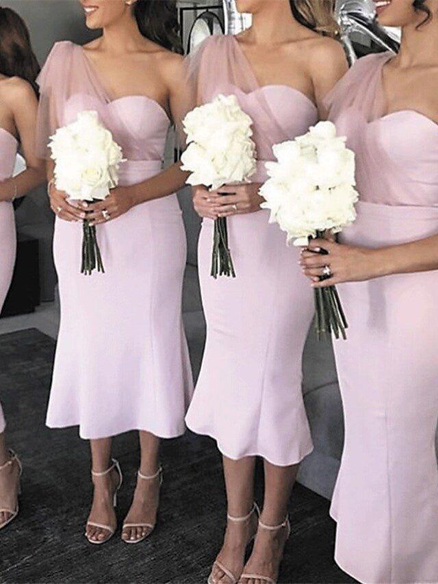 Mermaid / Trumpet Bridesmaid Dress One Shoulder Sleeveless Elegant Tea Length Stretch Fabric with Solid Color - RongMoon