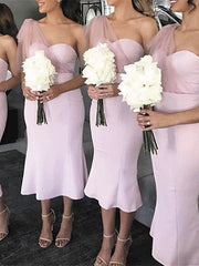 Mermaid / Trumpet Bridesmaid Dress One Shoulder Sleeveless Elegant Tea Length Stretch Fabric with Solid Color - RongMoon
