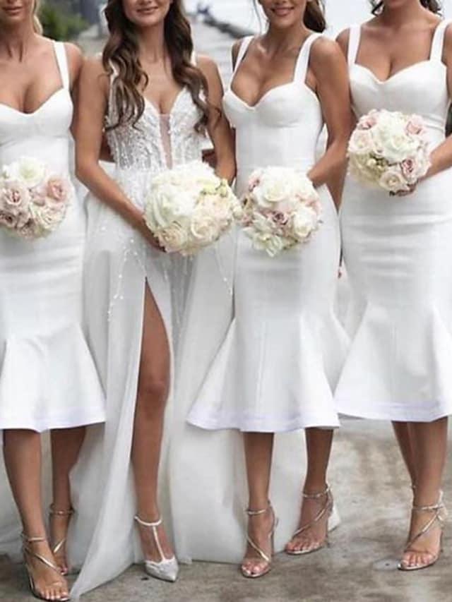 Mermaid / Trumpet Bridesmaid Dress Scoop Neck Sleeveless Sexy Tea Length Stretch Fabric with Ruffles / Solid Color - RongMoon