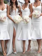 Mermaid / Trumpet Bridesmaid Dress Scoop Neck Sleeveless Sexy Tea Length Stretch Fabric with Ruffles / Solid Color - RongMoon