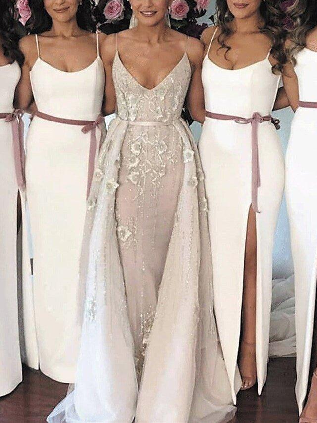 Mermaid / Trumpet Bridesmaid Dress Spaghetti Strap Sleeveless Sexy Floor Length Stretch Fabric with Sash / Ribbon / Split Front - RongMoon