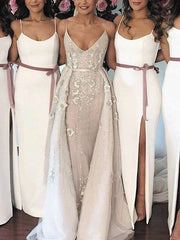 Mermaid / Trumpet Bridesmaid Dress Spaghetti Strap Sleeveless Sexy Floor Length Stretch Fabric with Sash / Ribbon / Split Front - RongMoon