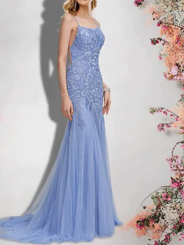 Mermaid / Trumpet Bridesmaid Dress Spaghetti Strap Sleeveless Sexy Sweep / Brush Train Lace / Tulle with Sequin / Appliques - RongMoon