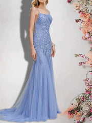 Mermaid / Trumpet Bridesmaid Dress Spaghetti Strap Sleeveless Sexy Sweep / Brush Train Lace / Tulle with Sequin / Appliques - RongMoon