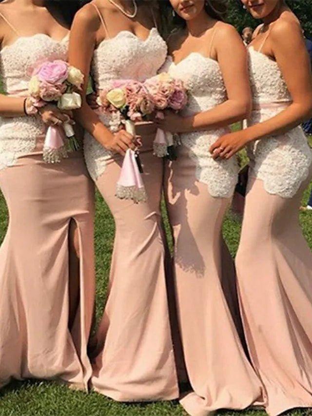 Mermaid / Trumpet Bridesmaid Dress Spaghetti Strap Sleeveless Sexy Sweep / Brush Train Stretch Chiffon with Appliques / Split Front - RongMoon