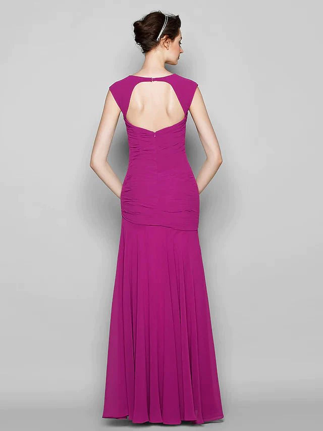 Mermaid / Trumpet Bridesmaid Dress Square Neck Sleeveless Open Back Floor Length Chiffon with Ruched - RongMoon