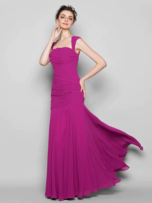 Mermaid / Trumpet Bridesmaid Dress Square Neck Sleeveless Open Back Floor Length Chiffon with Ruched - RongMoon
