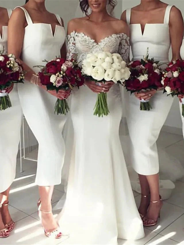 Mermaid / Trumpet Bridesmaid Dress Square Neck Sleeveless Sexy Tea Length Stretch Fabric with Solid Color - RongMoon