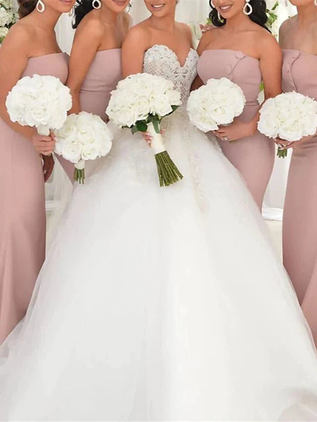 Mermaid / Trumpet Bridesmaid Dress Strapless Sleeveless Sexy Sweep / Brush Train Stretch Fabric with Buttons / Solid Color - RongMoon