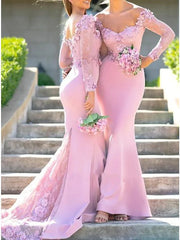Mermaid / Trumpet Bridesmaid Dress V Neck Long Sleeve Elegant Court Train Stretch Chiffon with Lace / Appliques - RongMoon